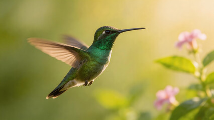 Fototapeta premium Green hummingbird in flight near flowers
