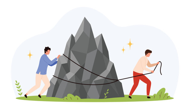 Two men using ropes try to move a huge mountain symbolizing difficult challenge, poor teamwork, and ineffective strategy in business or life isolated vector illustration