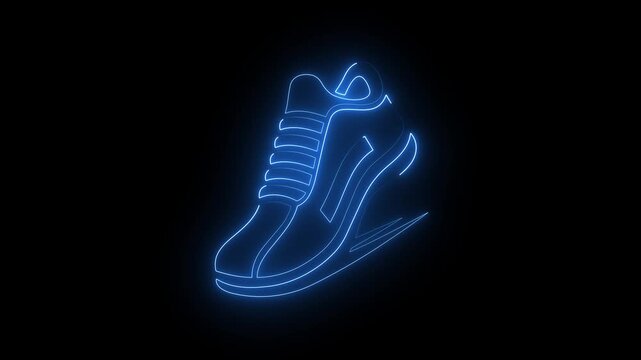Glowing blue Neon Running Shoe icon on Dark Background Futuristic Sports Footwear symbol.