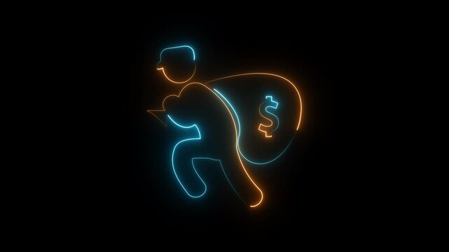 Glowing yellow blue Neon Thief Carrying Money Bag icon, Cyber Crime Hacker bank Robbery symbol.