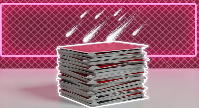 Stack of red cards or folders illuminated by neon border with falling meteor streaks representing high speed data transfer server processing and digital storage information packets.
