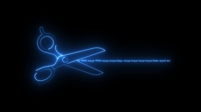 Glowing blue Neon Scissors icon with Cutting Line on Dark Background Creative Design symbol.