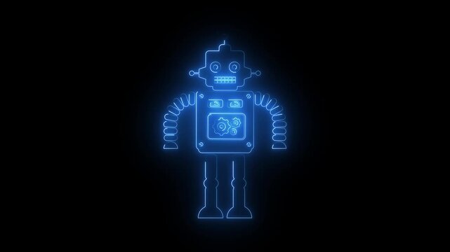 Glowing Neon Robot Icon on Dark Background Futuristic Artificial Intelligence symbol.