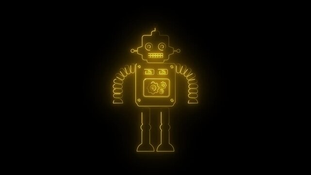 Glowing Yellow Neon Robot Icon on Dark Background Futuristic Artificial Intelligence symbol.
