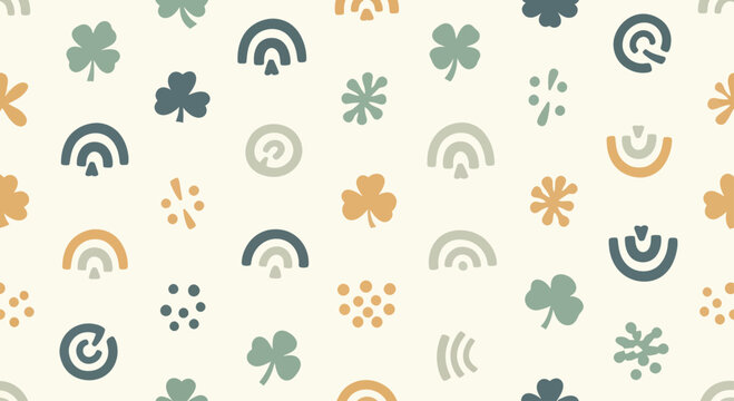 Abstract seamless pattern with various shapes and symbols.