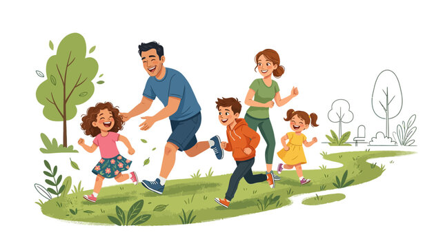 Family enjoying a fun outdoor run in a cartoon style park scene