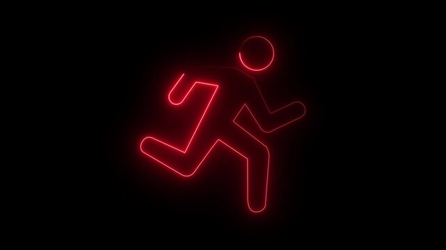 Glowing Red Neon Running Person Icon on Dark Background Futuristic Motion Illustration Design.