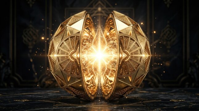 Bright ornate orb. Luminescent yellow sphere featuring complex engravings and shimmering sparks