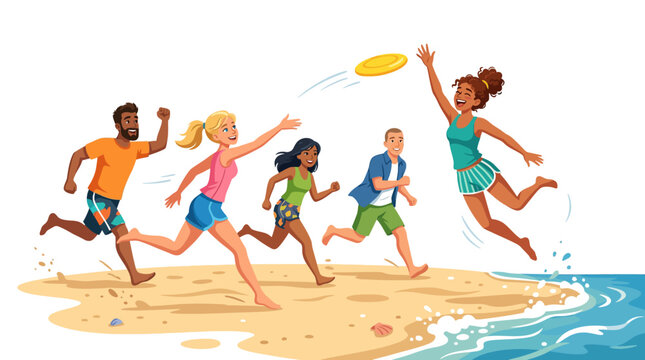 Group of friends playing frisbee on beach in vibrant cartoon style