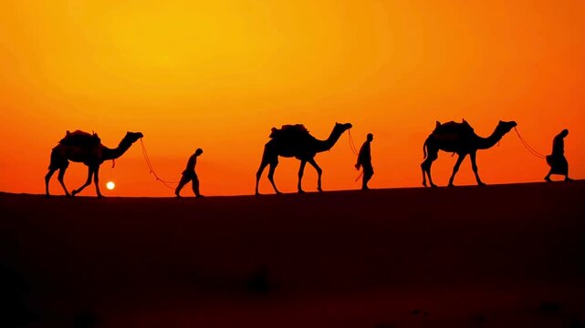 Silhouette of Camel Caravan Walking in Desert Sand Dunes at Sunset