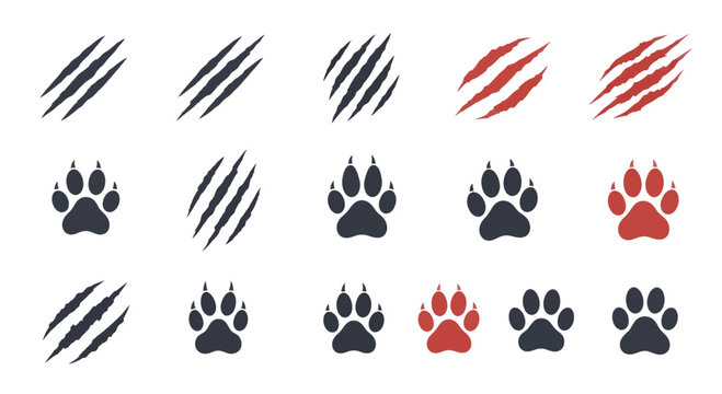 Animal Paw Prints and Claw Marks Icons Set.