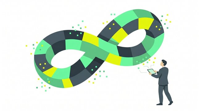 Flat vector illustration of a businessman with a tablet looking at a large infinity loop representing continuous integration and limitless potential