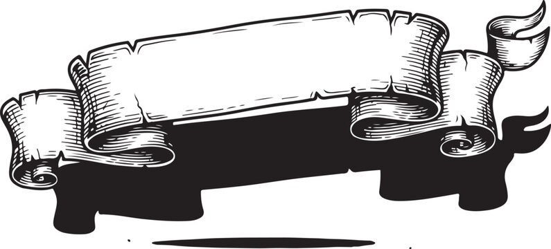 Vintage scroll banner, black and white illustration, blank parchment roll, decorative element