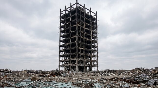 Tall concrete frame of a destroyed highrise building stands abandoned amidst a field of rubble and debris under a cloudy grey sky in this dramatic photograph