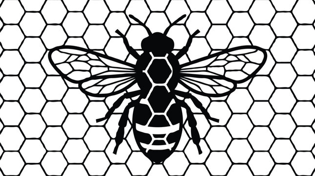 Honeybee silhouette on white honeycomb background, geometric bee insect vector illustration