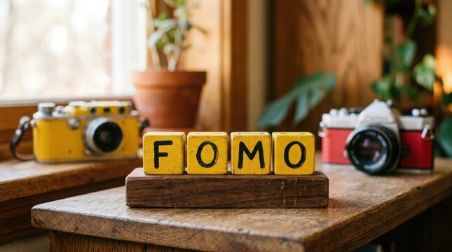 Fomo acronym on wooden blocks with cameras in background