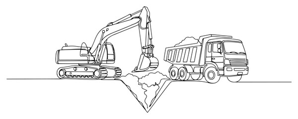 One continuous line drawing of a heavy excavator digging a trench next to a dump truck © Alicja