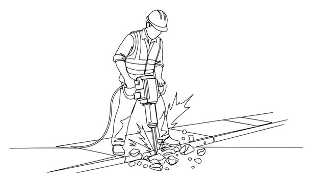 Construction worker using pneumatic jackhammer to break concrete pavement in minimalist line art style