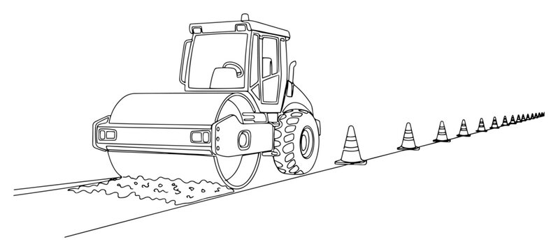 Single continuous line drawing of a road roller compactor working on a road with traffic cones
