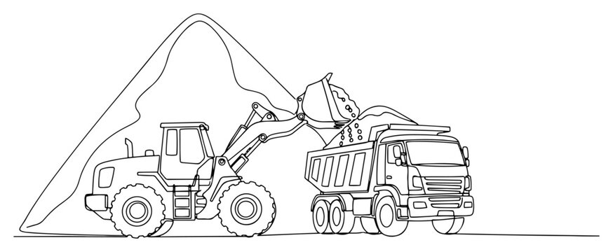 Wheel loader loading gravel into dump truck at construction site in minimalist line art style