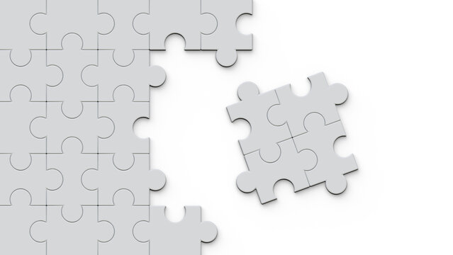 White jigsaw puzzle template with missing pieces isolated on background. Concept image for incomplete tasks, challenge, and looking for solution.