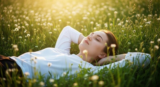 Woman lying in a field of flowers with her eyes closed