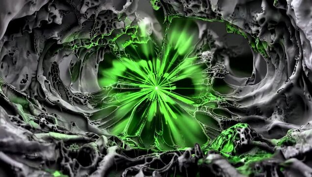 Dynamic abstract digital footage of a glowing neon green fractal cavern with intricate swirling textures and intense light rays radiating outward