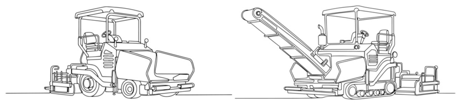 Heavy road construction machinery including asphalt paver and milling machine in line art style