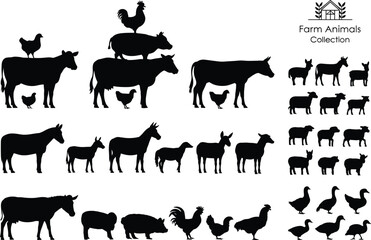 Black silhouette collection of farm animals including cows pigs chickens sheep donkeys and geese arranged in rows on a white background with a barn and text heading © DesignNest