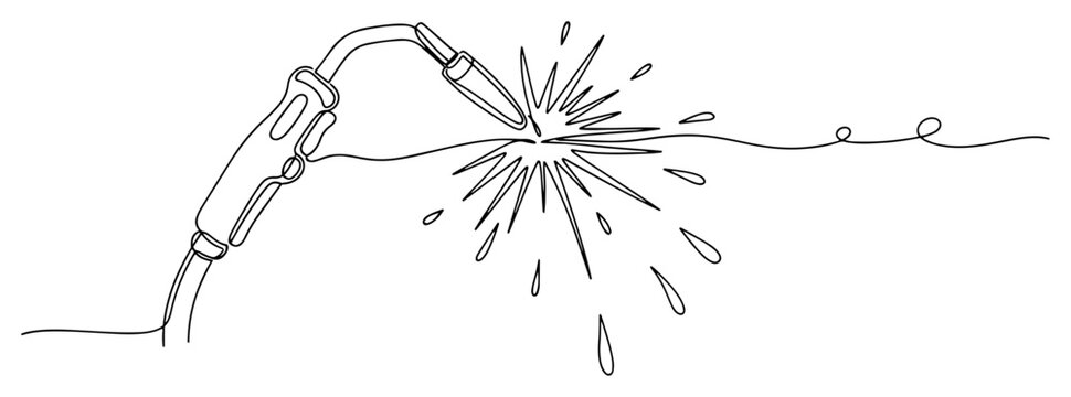 Minimalist single line illustration of a professional welding torch with bright flying sparks