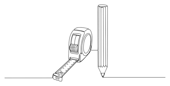 Professional tape measure and carpenter pencil for measurement in minimalist line art style