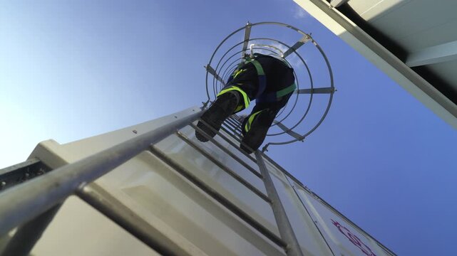 Engineer maintenance hvac cooling tower safety harness ladder rooftop inspection, technician climbs ladder with safety cage under clear sky for repair, service, routine secure ascent and inspection