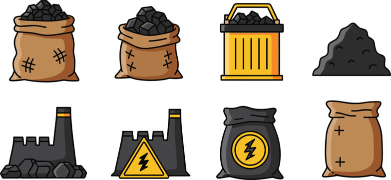 Coal Mining and Industrial Energy Vector Icon Set on White Background