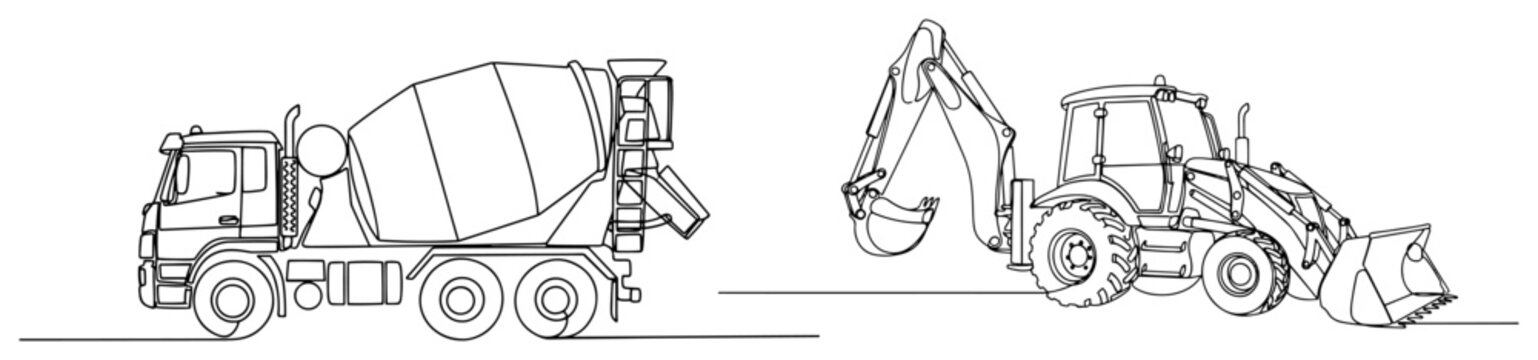 Concrete mixer truck and backhoe loader machinery for construction in minimalist line art style