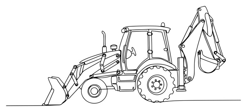 Single continuous line drawing of a backhoe loader heavy construction machine