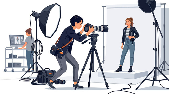 Professional photo shoot in studio with photographer and model in action
