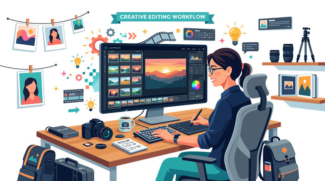 Creative editing workflow with designer at desk using digital tools
