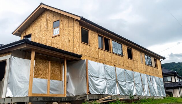 Unfinished house exterior with plywood walls and temporary sheeting covering windows and lower sections of the building structure