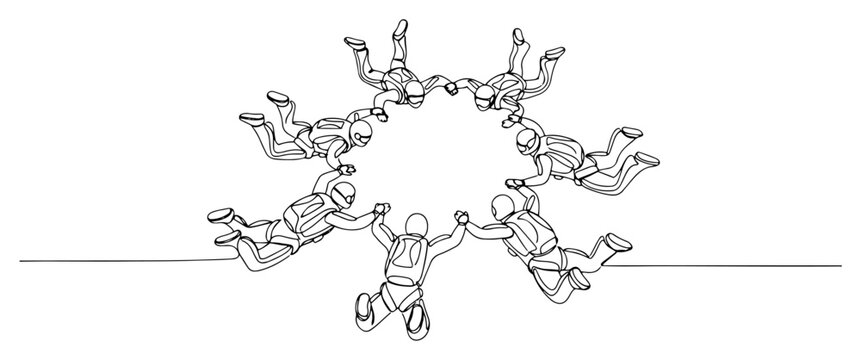 Single continuous line drawing of professional skydivers forming a circle formation in freefall