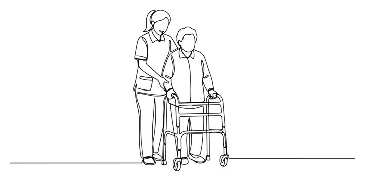 Professional nurse assisting elderly woman using a walker for mobility support in minimalist line art style