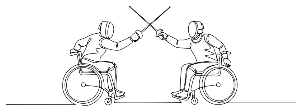 Continuous line drawing of two professional athletes in wheelchairs competing in a fencing match