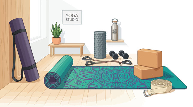 Yoga studio setup with equipment and mat for mindfulness practice