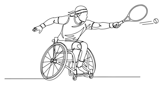 Single continuous line drawing of an active tennis player in a wheelchair hitting the ball with a racket