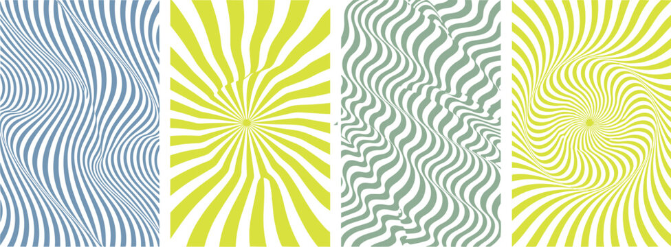 Four vertical panels featuring abstract optical illusion patterns with wavy lines and radiating sunburst shapes in blue and yellow and green color palettes on a white background