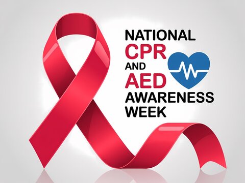 National cpr and aed awareness week banner with red ribbon and heart icon