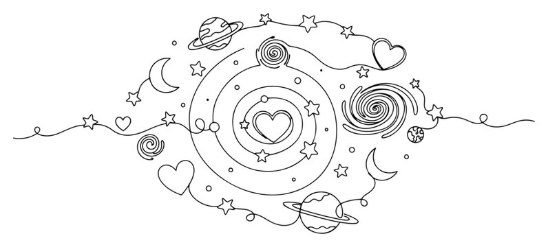 Continuous line drawing of a cosmic space universe with planets stars and hearts in a spiral pattern