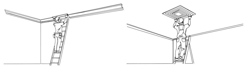 One continuous line drawing of construction workers on ladders installing ceiling crown molding and ventilation grilles © Alicja