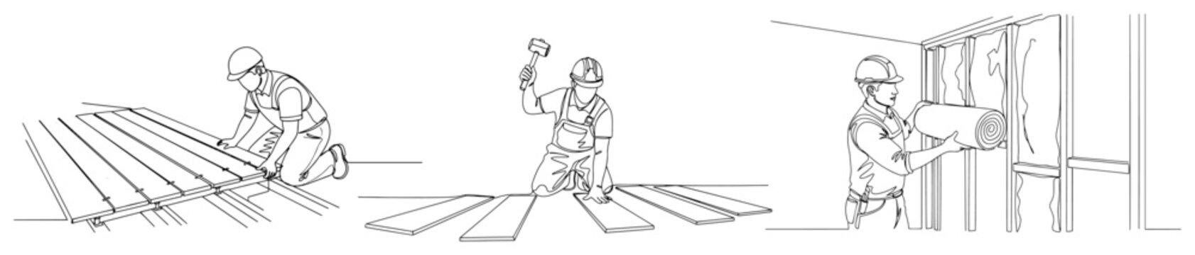 Continuous line illustration of various renovation tasks including floor tiling laminate installation and wall insulation