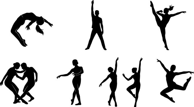 Dance performer silhouette collection featuring ballet contemporary movement and acrobatic artistic poses isolated vector illustration set
