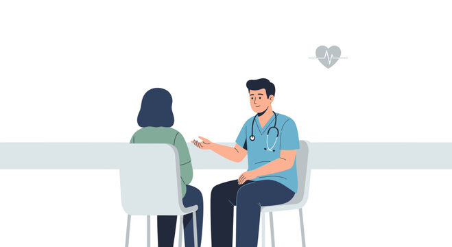 Doctor consulting female patient about health issues in medical office, health care concept